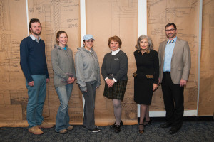 Three students in Luzerne County Community College’s architectural engineering technology program (on left), join, from left, Carol A. Lugg, assistant dean of construction and design technologies at Penn College, Dana Clark, vice president of academic affairs and provost at Luzerne County Community College, and Brian Overman, instructor in LCCC’s architectural engineering technology program.