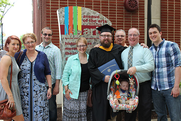 The extended family of Anthony P. Levan Jr., a graphic design major and college gallery attendant from Herndon, fittingly poses along the 