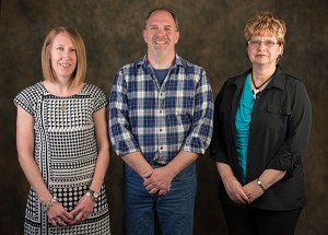 Distinguished Staff Award winners (from left) are Hillary E. Hofstrom, director of employee relations and compliance; Scott A. Bierly, lumberyard attendant/equipment repair person for carpentry; and Deborah A. Dougherty, secretary to the dean of business and hospitality.
