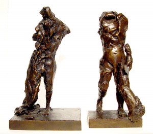Two of Ed Smith's bronze sculptures: "Hercules with Club" (left), and "Beggar," bronze, 15" high.