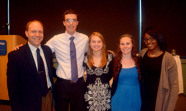 Robb Dietrich (left), executive director of the Penn College Foundation, joins recent Student Leader Legacy Scholarship winners. From left are Kyle D. Bomboy, a co-recipient for 2014-15; Lauren J. Crouse and Julie H. Carr, selected in 2013-14; and Kyani L. Lawrence, this year's other honoree.