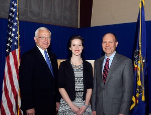 Sapphire E. Naugle is awarded the 2015 Peggy Madigan Memorial Leadership Scholarship by state Sen. Gene Yaw (left) and Robb Dietrich, executive director of the Penn College Foundation. Naugle, a senior at Jersey Shore Area High School, will be a plastics and polymer engineering technology major at Penn College starting this fall.