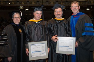 From left, Penn College President Davie Jane Gilmour with Excellence in Teaching Award recipients John G. Upcraft and Roy H. Klinger and Vice President for Academic Affairs/Provost Paul Starkey.