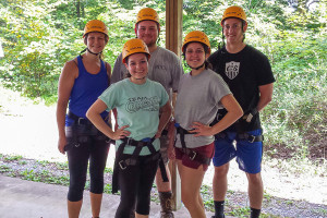 Clockwise (from rear left) at the high ropes course are Katie L. Mackey, coordinator of off-campus living and commuter services; Max C. Bower; Josiah D. ; Ashley N. Irish and Morgan N. Keyser.