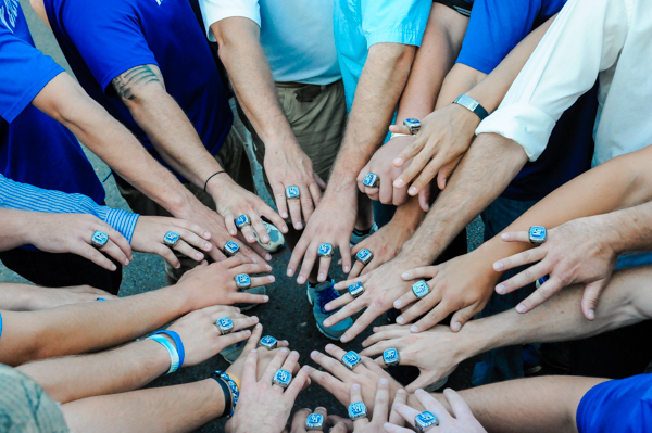 All hands on deck: The Penn College Wildcats, who knocked off SUNY Poly, Penn State Abington and Penn State Berks en route to the conference title in May, show off their championship rings.