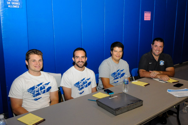 Greeting visitors to the Field House are (from left) student assistants Timothy J. Stasulli, Rafael Correa and Gabriel Nepita-Mejia; and Jeremy R. Bottorf, coordinator of intramural sports and campus recreation.