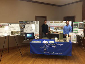 Students Robert W. Klingerman (left) and Timothy S. Shook, building science and sustainable majors at Penn College, staff a table during a Sept. 14 Lycoming County Comprehensive Plan meeting at the Trout Run Fire Hall. (Photo provided by the School of Construction & Design Technologies)