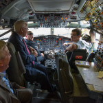 State Sens. Gene Yaw (R-Loyalsock Township) and Mike Folmer (R-Lebanon) share a laugh in the 727 cockpit with aviation maintenance technology seniors Sean J. Cornwell (center), of Collegeville, and James S. Alger, of Campbelltown.  