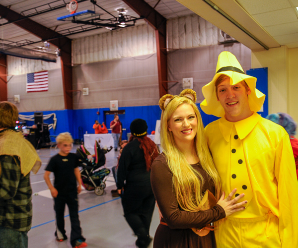 Sydney N. Caurvina, a pre-surgical technology major, and Everett B. Appleby,  a residential construction technology and management: building construction technology concentration student, are Curious George and The Man in the Yellow Hat.