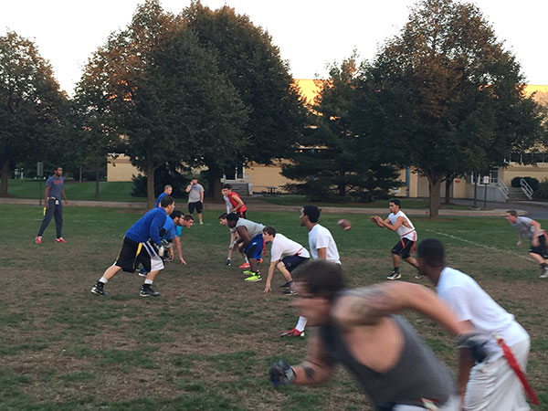 The QB takes the snap during the intramural flag football game that kicked off Homecoming on Wednesday.