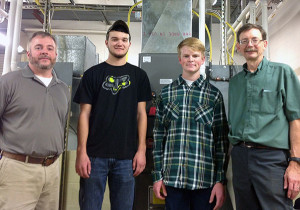 From left: Stephen D. Manbeck, assistant professor of HVAC technology; scholarship recipients Bryce T. Crowley and Andrew T. Kappelmeier; and Richard C. Taylor, associate professor of plumbing and heating. (Photo by Carol A. Lugg, assistant dean of construction and design technologies)