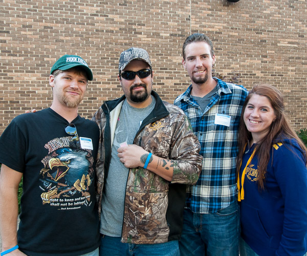 Recent graduates traveled from various corners of Pennsylvania and New Jersey to reunite on the PDC patio. From left are Ian D. Hoffman, ’13, ornamental horticulture: landscape technology emphasis; Morgan A. Olbrich, ’13, welding and fabrication engineering technology and ’12, automotive technology; Gary J. Murdock, ’14, on-site power generation and ’12, diesel technology; and Danielle N. Margroff, ’13, information technology: Web & applications development concentration.