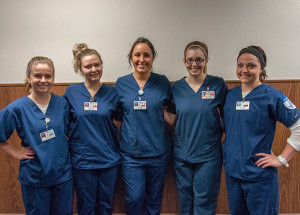 Students from the Pediatric Nursing class provide flu shots to Susquehanna Health employees and volunteers in the Williamsport Hospital cafeteria. From left are Brianna M. Latovich, of Mount Carmel; Tiffanie M. Snyder, of Bloomsburg; Abby C. Busch, of Troy; Christina M. Mossman, of Wellsboro; and Josalynn M. Heichel, of Millerstown.
