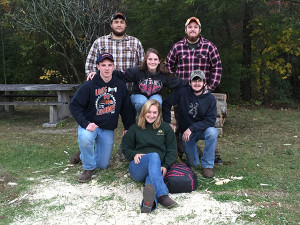 Members of the Penn College Woodsmen's Team, shown during recent competition in North Carolina, are co-captain Taylor C. Moyer, of Boyertown, and James C. Synol, of Bloomington, N.J. (standing); Anthony A. Hampton, of Clearfield, Harley R. Heichel, of Wellsboro, and Jesse F. Strickhouser, of Manchester (middle row); and co-captain Ashton N. Rockwell, of Greencastle.