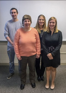 A team of Pennsylvania College of Technology students placed in the Global Top 100 in the Business Strategy Game, an international business-simulation competition. From left are John A. “Jack” Kumor, a technology management student from Jenkintown; Tammy S. Ryder, a technology management student from Hughesville; Stacy A. Milheim, a business administration: management concentration student from Watsontown; and Jessie M. Chronister, a technology management student from Annville.