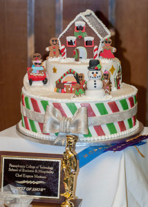 A cake created by Amanda R. D’Apuzzo, a Penn College baking and pastry arts student from Morganville, New Jersey, received the Chef Eugene Mattucci Best of Show Award at the college’s recent Food Show.