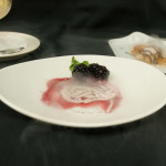 Another final product: noodles made from white chocolate, paired with blackberry coulis.