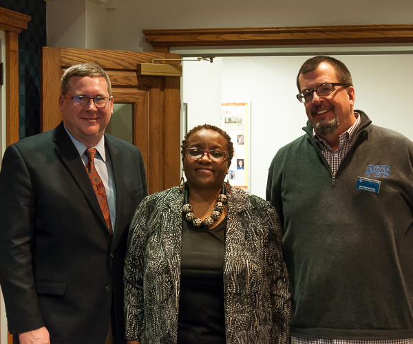 Tutu, daughter of Archbishop Desmond Tutu, is joined by Elliott Strickland (left), chief student affairs officer, and Matt P. Branca, director of The College Store.