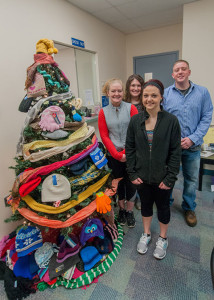 Members of Penn College’s Student Nurses’ Association gather with a tree full of hats, gloves and scarfs to be donated to the New Love Center in Jersey Shore. From left are Emily L. Gardner, a nursing student from McClure; SNA President Monica A. Flexer, a nursing student from Williamsport; Treasurer Josalynn M. Heichel, a nursing student from Millerstown; and Secretary Chad R. Guiswite, a nursing student from Loganton.