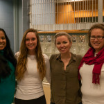 ... and is welcomed by College Women of Williamsport. From left are Kavitha R. Kolangaden, of Bell Mead, N.J., a pre-physician assistant student; Erin L. Sullivan, of Elizabethtown, enrolled in applied human services; DeMulder; and April M. Tucker, of Muncy, also an applied human services major.