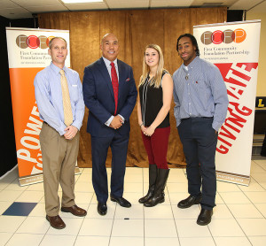 From left: Penn College Director of Athletics Scott E. Kennell; former Pittsburgh Steeler Hines Ward; and Wildcat student-athletes Jordan A. Courter and LaQuinn N. Thompson (Photo provided).