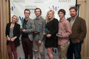 Award-winning Penn College graphic design students are, from left: Onolee M. Oberrender, Zachary G. Bird, Nicholas J. Vetock, Laura H. Pursel and Todd R. Surkovich, accompanied by Nicholas L. Stephenson, instructor of graphic design.