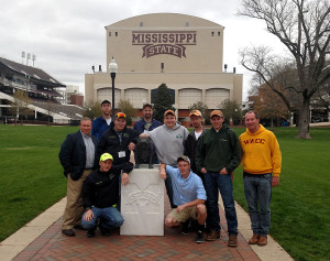 The Penn College contingent gathers during the recent National Collegiate Landscape Competition held at Mississippi State University: Front row, from left, Aaryn C. Hoy, Norristown, and Kenneth E. Zeager Jr., Bainbridge. Middle row, from left, instructor Carl J. Bower Jr.; students Justin M. Rinehimer, Mountain Top, Zachary M. Meling, Hawley, Joshua T. Posey, York Haven, and Ryan Rousseau, Pipersville; and alumni mentor Ronald A. Burger. Back row, from left, Elliot C. Redding, Gettysburg, and Kyle M. Richardson, Hopewell, N.J.