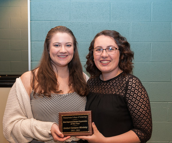 Selected as the Most Improved Student Organization of the Year was United Campus Ministry. Representing UCM are Danielle M. Logan (left), of Harrisburg, pre-dental hygiene, and Morgan K. Ebersole, a graphic design student from Martinsburg.