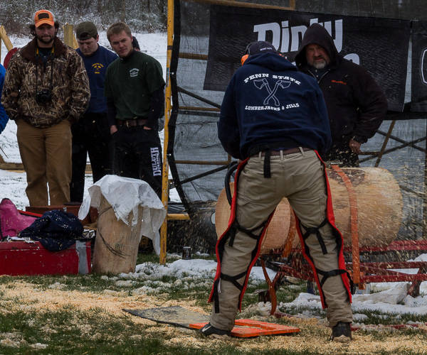 An athlete from Penn State Mont Alto competes in the Stihl qualifier's Stock Saw event.