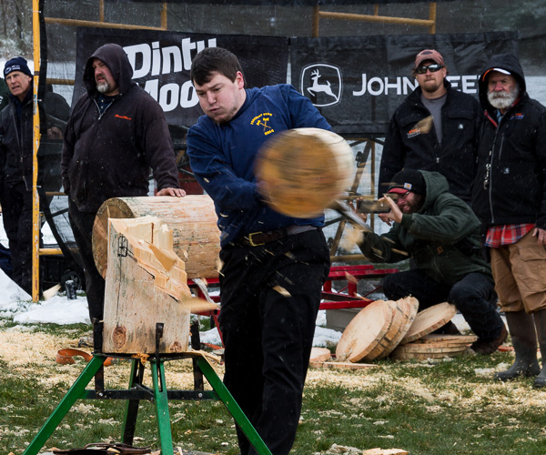 More than snow flies during the Standing Block competition at the Stihl regional qualifier.