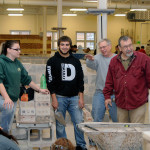 Surveying the landscape, ready to offer assistance as the mortar flies, are (from left) building construction technology: masonry emphasis majors Gwendolyn M. Wagner, of Cressona, and Nicholas E. Mills, of Tyrone; and faculty members Robert P. Gresko and Glenn R Luse.