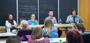 Graphic design graduates (from left) Erin M. Schlesinger, Madison M. Miller, Kyle R. Taylor and Michael A. Siemianowski share their insights with current students in a recent alumni panel discussion. 