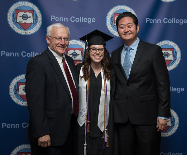 Prior to delivering the student speech at Saturday afternoon’s ceremony, Jessica R. Wiegand enjoys a photo op with Sen. Gene Yaw, chairman of the college’s Board of Directors (left), and James Parker, recipient of the Distinguished Alumni Award. 