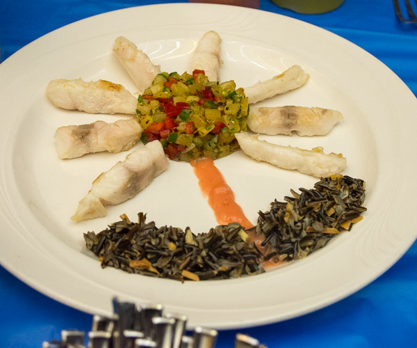 Gregg and Neff’s Floribbean entrée: red snapper with papaya sauce and pineapple salsa, served with wild rice
