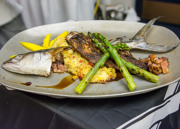 Decker and Kasler’s entrée: grilled king mackerel with grits, grilled asparagus and fermented molasses