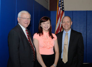 Alexandra R. Klementovich is awarded this year's Peggy Madigan Memorial Leadership Scholarship by state Sen. Gene Yaw (left) and Robb Dietrich, executive director of the Penn College Foundation. Klementovich, a senior at Montoursville Area High School, will be a pre-nursing major at the college starting this fall.