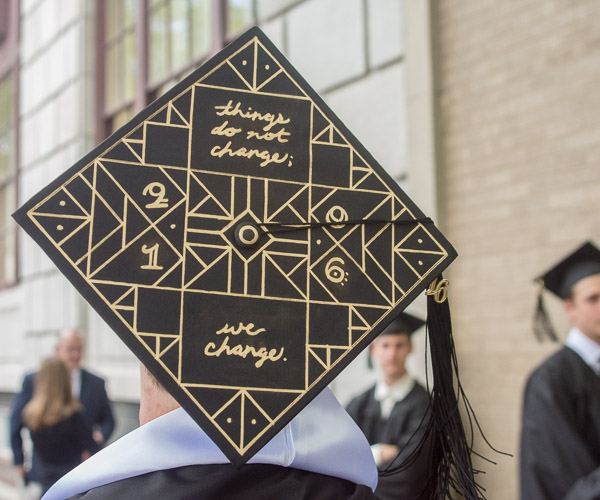 The skillfully designed cap of graphic design graduate Zachary G. Bird, recipient of this year's Academic Vice President and Provost's Award.