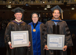 Penn College President Davie Jane Gilmour stands with Kirk M. Cantor (left) and Craig A. Miller, recipients of Excellence in Teaching Awards presented at commencement.