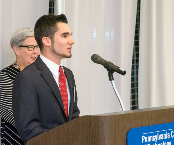 Johnathan T. Capps, a scholarship recipient and a mechatronics engineering technology student from North Wales, speaks on behalf of students who have received scholarships through the Penn College Foundation. 