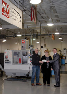 Acknowledging Haas Automation Inc.’s ongoing support of Penn College students are (from left) Richard K. Hendricks, instructor of machine tool technology/automated manufacturing; Debra M. Miller, vice president for institutional advancement; and Ed Kilgallon, president of the Lance Co. The Bensalem Haas Factory Outlet is an affiliate of the Lance Co.