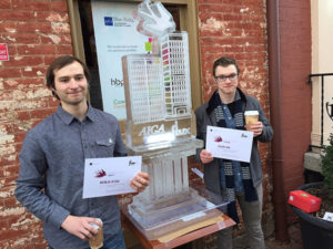 Designs created by Nicholas J. Vetock (left), Shippensburg, and Zachary G. Bird, South Williamsport, were honored as part of AIGA Blue Ridge’s Flux Student Design competition. The seniors traveled to Frederick, Md., for an awards reception.