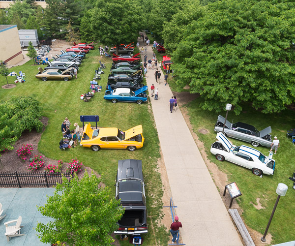 In addition to vehicles displayed along the campus mall, entries reached the patio of the Bush Campus Center.
