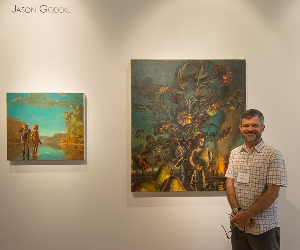 Jason Godeke is another exhibiting artist who joined the reception celebration. 