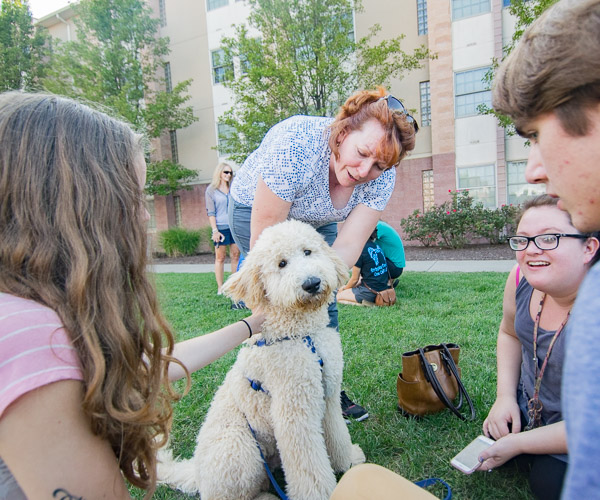 Dining Services Manager Vicki K. Killian, with Bowie (her born-to-be-snuggled Goldendoodle)