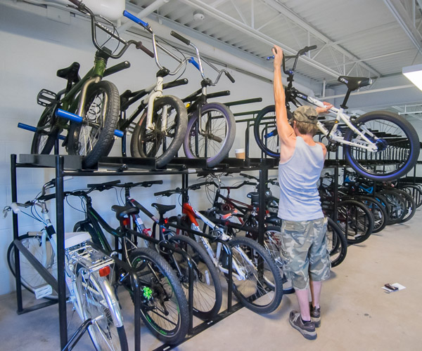 Pedal power is recharged in Residence Life's bicycle storage room.
