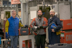 Penn College’s welding program receives equipment entrustment from Fronius USA LLC. From left are Michael J. Nau, welding instructor; Tom Farley, Fronius sales application technician; and Ty E. Rhinehart, welding instructor. (Photo by Tia G. La, student photographer)