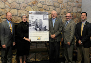On hand at Penn College for the recent announcement of the Ken Larson Scholarship are (from left) Robb Dietrich, executive director of the Penn College Foundation; college President Davie Jane Gilmour; Kenneth C. Larson Jr., for whom the scholarship is named; Keith S. Kuzio, president and CEO of Larson Design Group; and Christopher E. Keiser, LDG project manager and chair of the fundraising campaign.