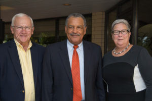 Blannie E. Bowen, center, who was recently appointed to the Pennsylvania College of Technology Board of Directors, is joined by Board Chairman Sen. Gene Yaw and college President Davie Jane Gilmour.