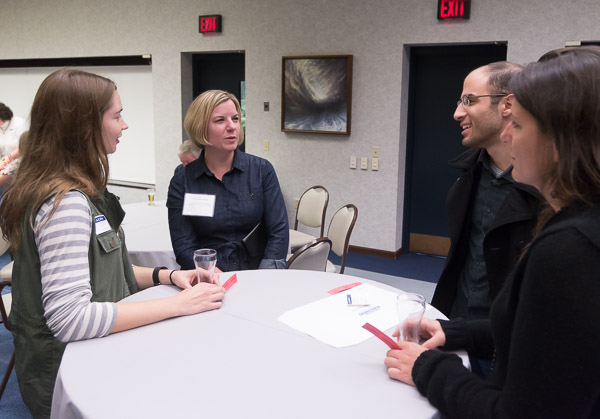Carolyn R. Strickland (second from left), vice president for enrollment management/associate provost, talks with returning student leaders. Clockwise from left are alums Erin A. Karpich, Mark R. Capellazzi (now a Penn College admissions representative) and Sabrena A. O’Keefe.