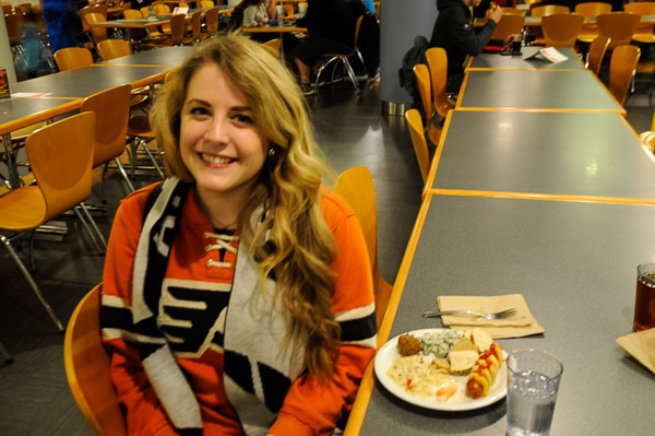 Donning Philadelphia Flyers finery for a Halloween party is Kristen E. Bowes, a web and interactive media major from Wayne.